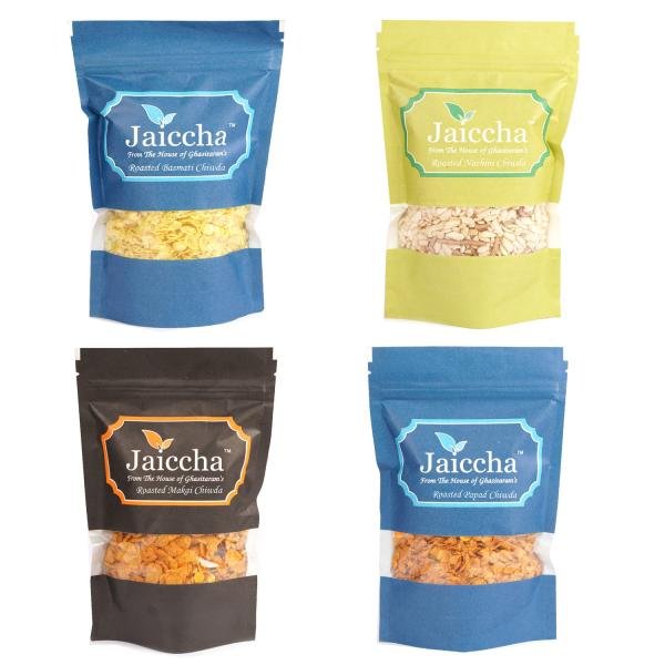 Jaiccha Namkeen-Snacks- Best of 4 Chiwdas Basmati, Makai, Papad and Nachini Chiwda Pouches