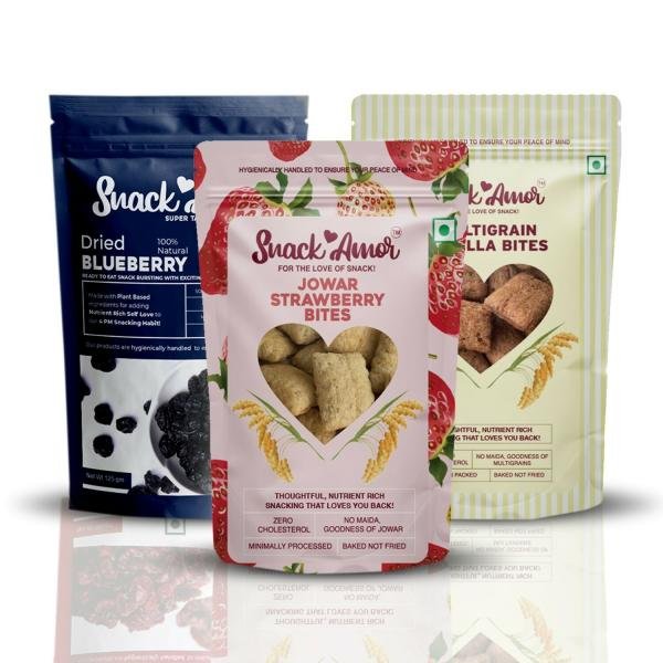 SnackAmor Combo pack of Jowar Strawberry bites, Multigrain Vanilla Bites and Dried Blueberry – pack of 3