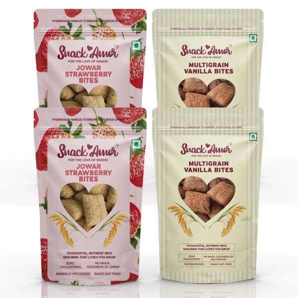 SnackAmor Combo pack of Jowar Strawberry Bites & Multigrain Vanilla Bites – pack of 4