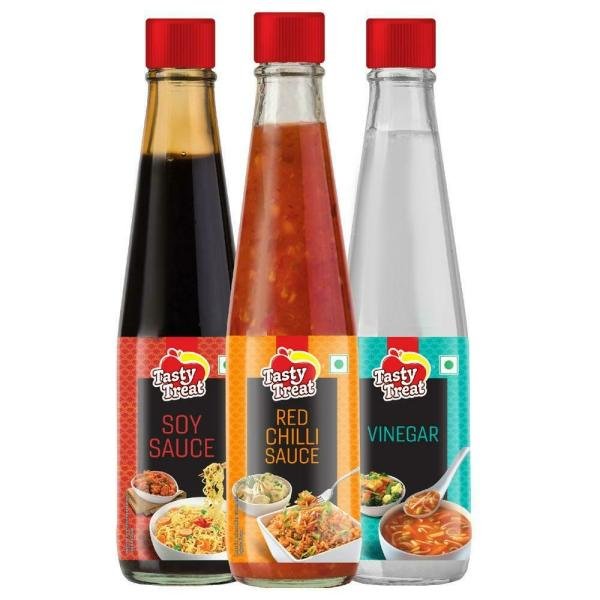 Tasty Treat Chinese Sauces Assorted Pack (Soy Sauce, Red Chilli Sauce, Vinegar) 555 g