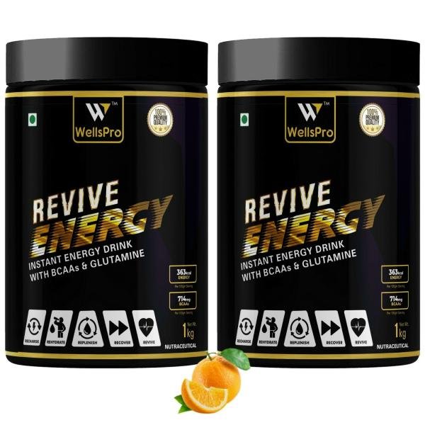 WellsPro Orange Revive Energy Instant Energy Sports Drink Powder 1 kg (Pack of 2)