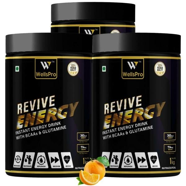 WellsPro Orange Revive Energy Instant Energy Sports Drink Powder 1 kg (Pack of 3)