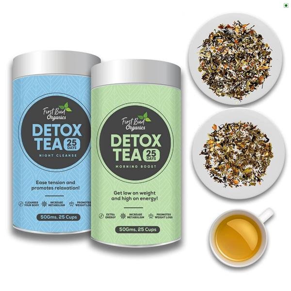 First Bud Organics Detox green Tea 25 Days And Night Detox Tea- Desi Kahwa green Tea And Skin glow With garcinia Cambogia And Turmeric Detox green Tea For Weight Loss And Belly Fat, 100 g (Combo Of 2)