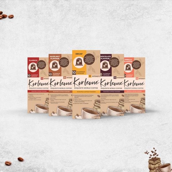 korleone exquisite world coffee combo pack of 5 classico hazelnut decaf chocolate vanilla flavour instant roasted coffee powder 10 aluminium capsules each product images orvmyjl0jtb p595514449 0 202211241625