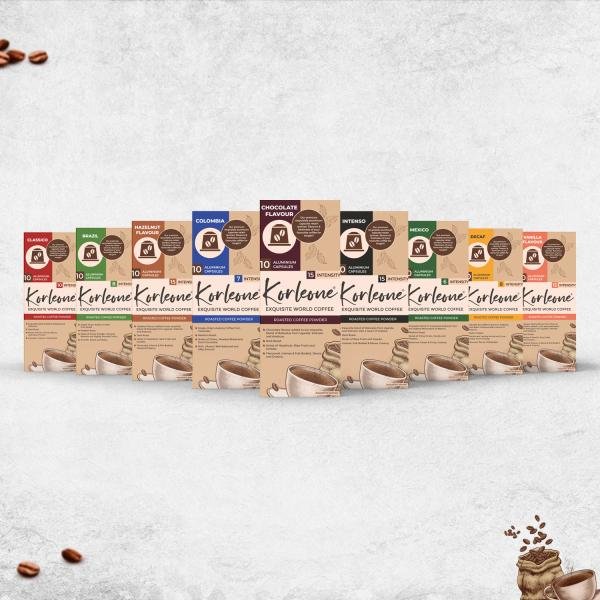 korleone exquisite world coffee combo pack of 9 brazil mexico colombia intenso classico hazelnut chocolate decaf colombia vanilla flavour instant roasted coffee powder 10 capsule product images orvsfvebjpj p595513846 0 202211241458