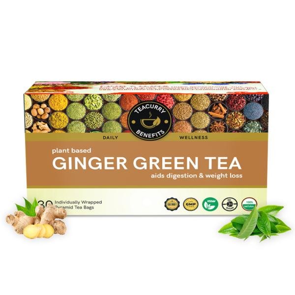 TEACURRY Ginger Green Tea (1 Month Pack, 30 Tea Bags) – Helps with Metabolism, Indigestion, Sugar