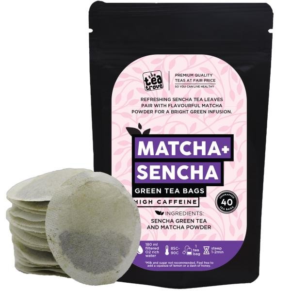 The Tea Trove- Japanese Matcha Green Tea Bags – 40 Eco-Friendly Matcha Tea + Sencha Green Tea Bag in Resealable pouch – Matcha Green belly fat tea for women and men by The Tea Trove – Steep Hot Or Iced